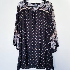 Angie Black Floral Dress Kimono 100% Rayon Tunic, Size Small